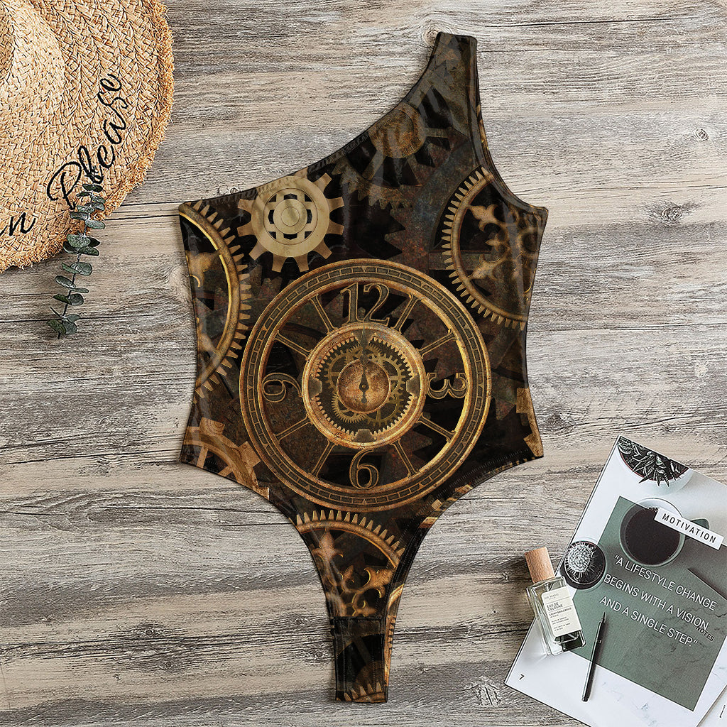 Vintage Steampunk Gears Print One Shoulder Bodysuit