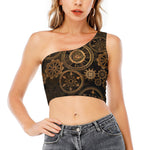 Vintage Steampunk Gears Print One Shoulder Crop Top