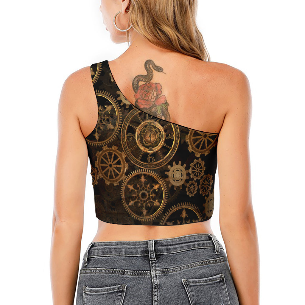Vintage Steampunk Gears Print One Shoulder Crop Top