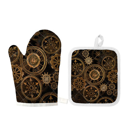 Vintage Steampunk Gears Print Oven Mitt And Pot Holder Set
