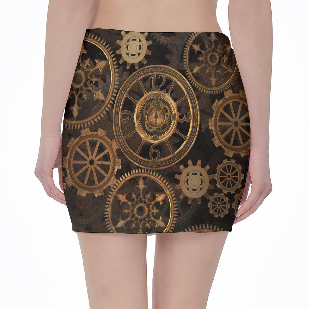 Vintage Steampunk Gears Print Pencil Mini Skirt