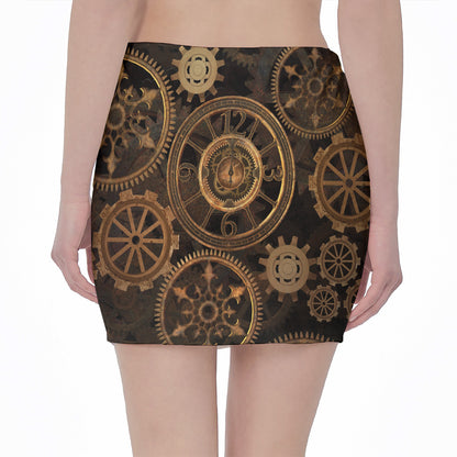 Vintage Steampunk Gears Print Pencil Mini Skirt