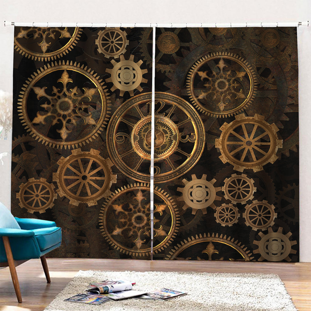 Vintage Steampunk Gears Print Pencil Pleat Curtains