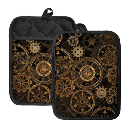 Vintage Steampunk Gears Print Pot Holders With Pocket