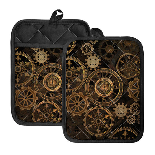 Vintage Steampunk Gears Print Pot Holders With Pocket