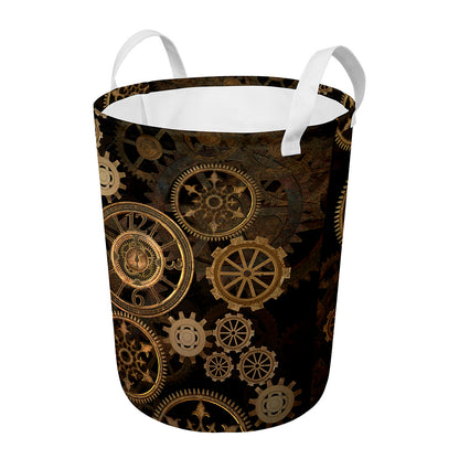 Vintage Steampunk Gears Print Round Laundry Basket