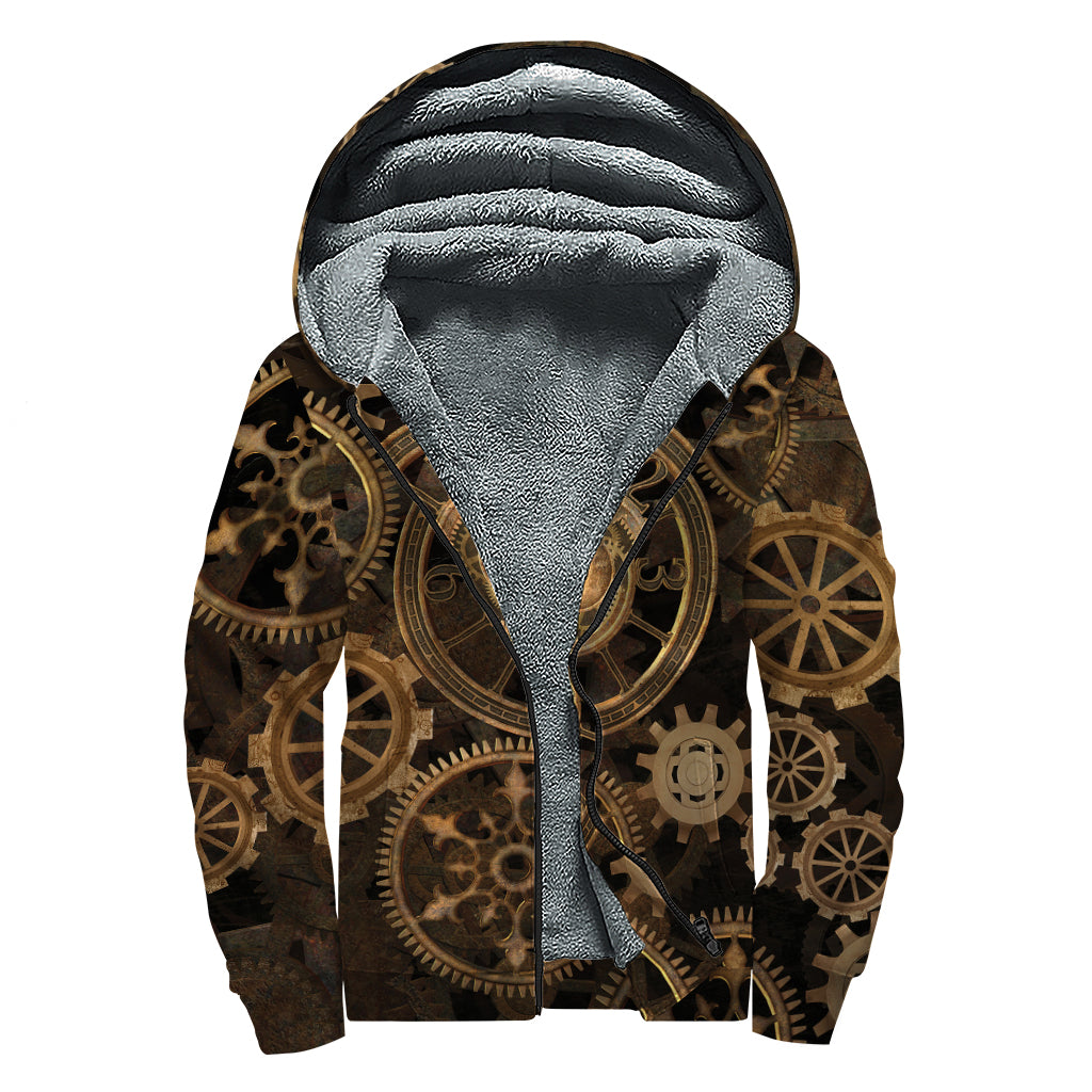 Vintage Steampunk Gears Print Sherpa Lined Zip Up Hoodie