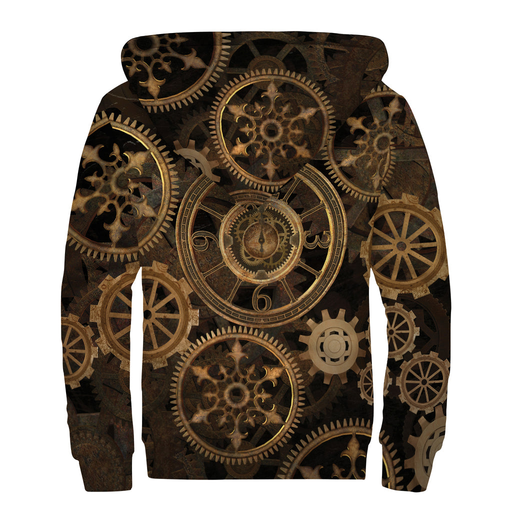 Vintage Steampunk Gears Print Sherpa Lined Zip Up Hoodie