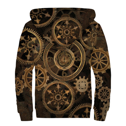 Vintage Steampunk Gears Print Sherpa Lined Zip Up Hoodie
