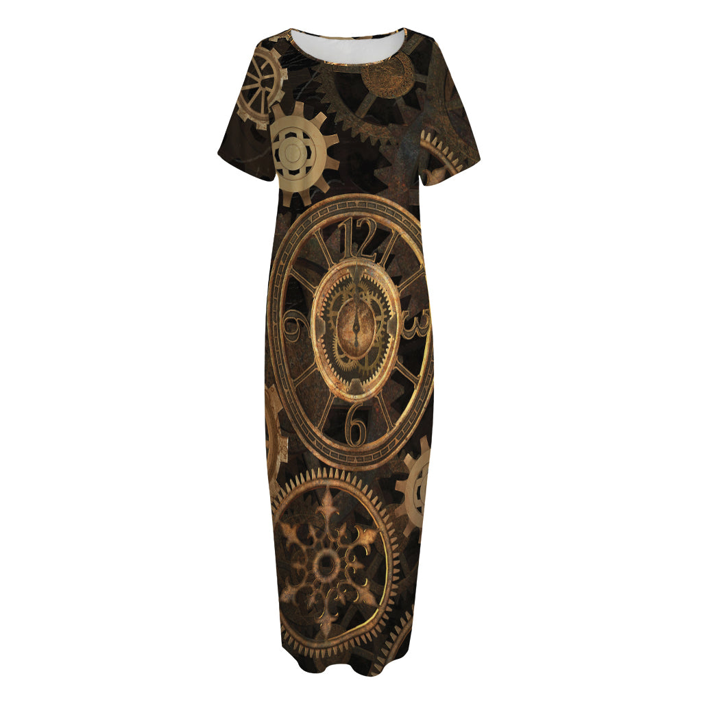 Vintage Steampunk Gears Print Short Sleeve Long Nightdress