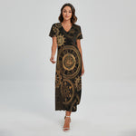 Vintage Steampunk Gears Print Short Sleeve Maxi Dress