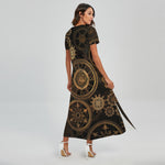 Vintage Steampunk Gears Print Short Sleeve Maxi Dress