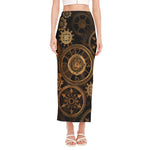 Vintage Steampunk Gears Print Side Slit Maxi Skirt