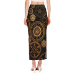 Vintage Steampunk Gears Print Side Slit Maxi Skirt