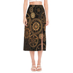 Vintage Steampunk Gears Print Side Slit Midi Skirt