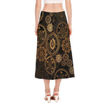 Vintage Steampunk Gears Print Side Slit Midi Skirt