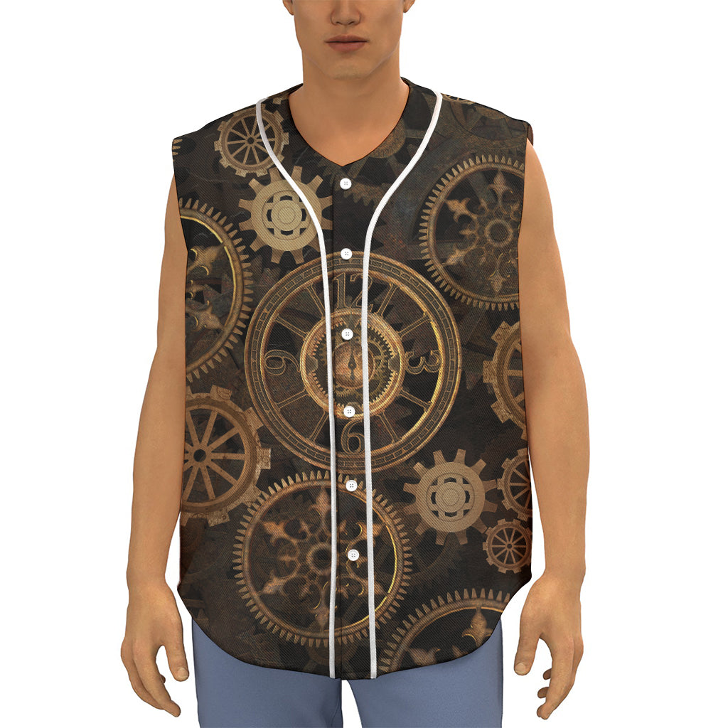 Vintage Steampunk Gears Print Sleeveless Baseball Jersey