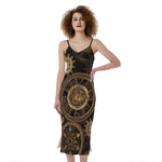 Vintage Steampunk Gears Print Slim Fit Midi Cami Dress