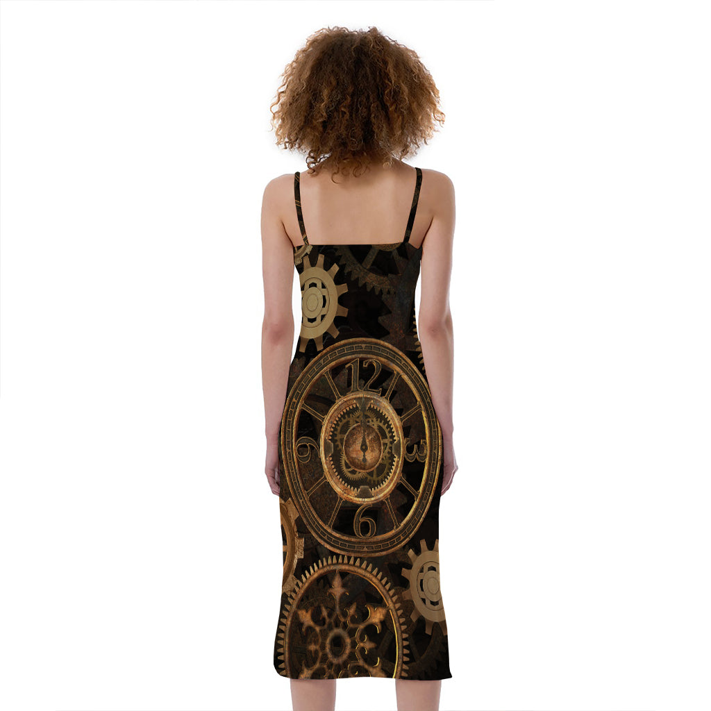 Vintage Steampunk Gears Print Slim Fit Midi Cami Dress