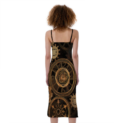 Vintage Steampunk Gears Print Slim Fit Midi Cami Dress
