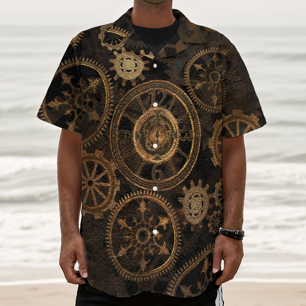 Vintage Steampunk Gears Print Textured Short Sleeve Shirt
