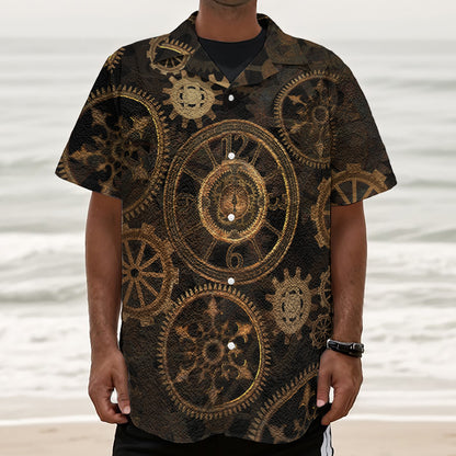 Vintage Steampunk Gears Print Textured Short Sleeve Shirt