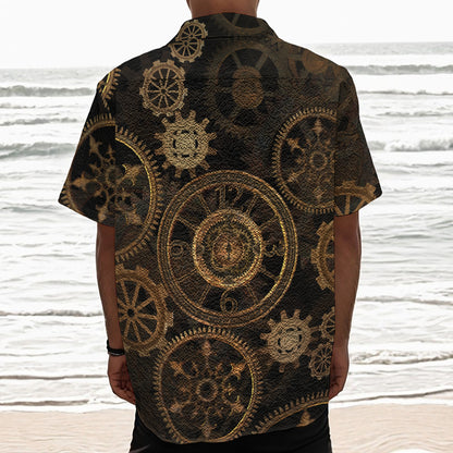 Vintage Steampunk Gears Print Textured Short Sleeve Shirt