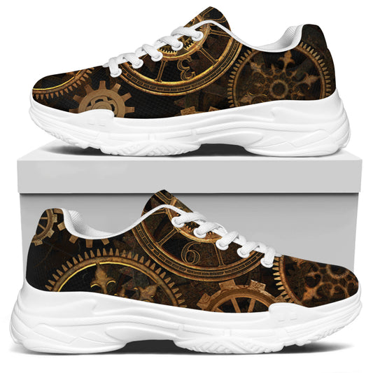 Vintage Steampunk Gears Print White Chunky Shoes