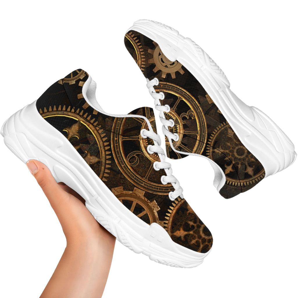 Vintage Steampunk Gears Print White Chunky Shoes