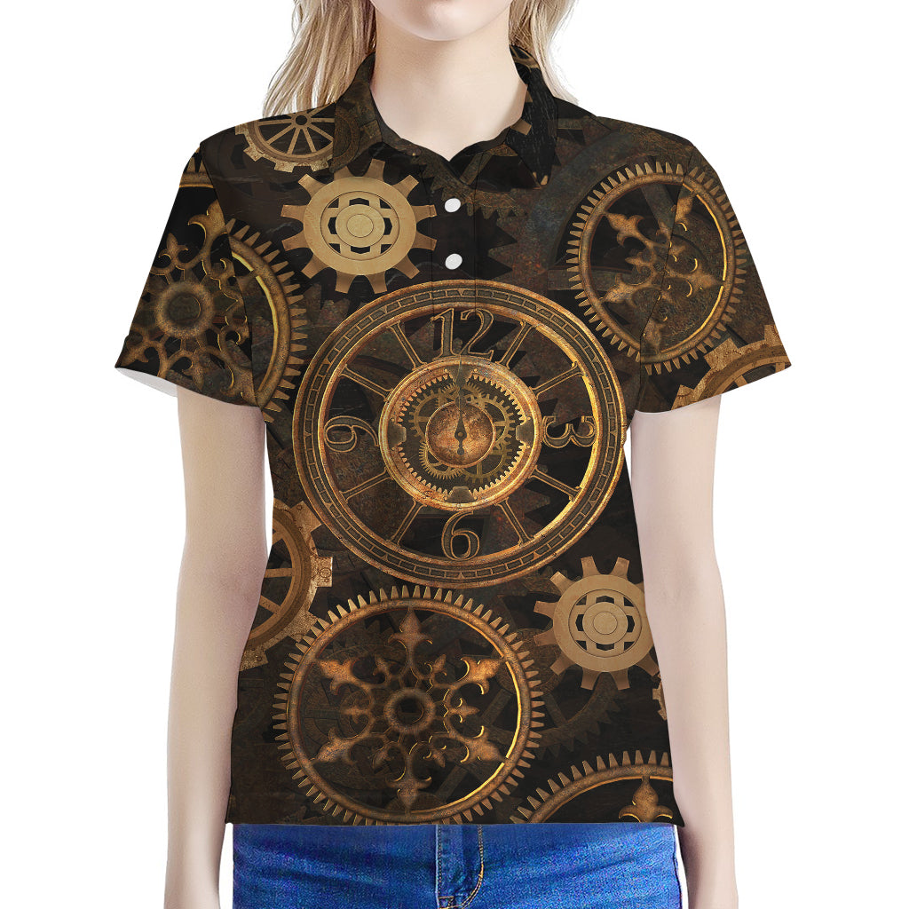 Vintage Steampunk Gears Print Women's Polo Shirt