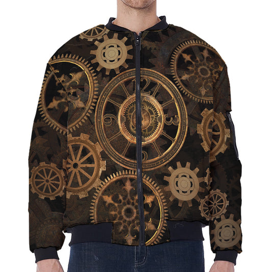 Vintage Steampunk Gears Print Zip Sleeve Bomber Jacket