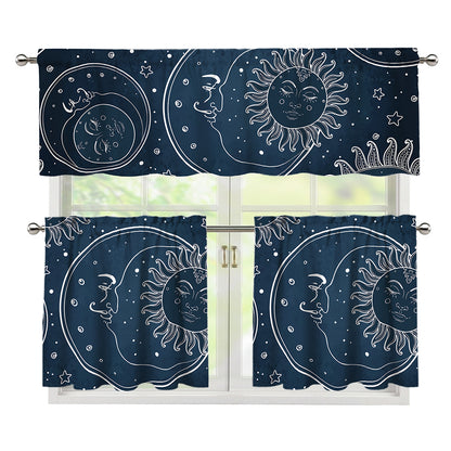 Vintage Sun And Moon Pattern Print 3 Piece Kitchen Curtains