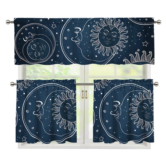 Vintage Sun And Moon Pattern Print 3 Piece Kitchen Curtains