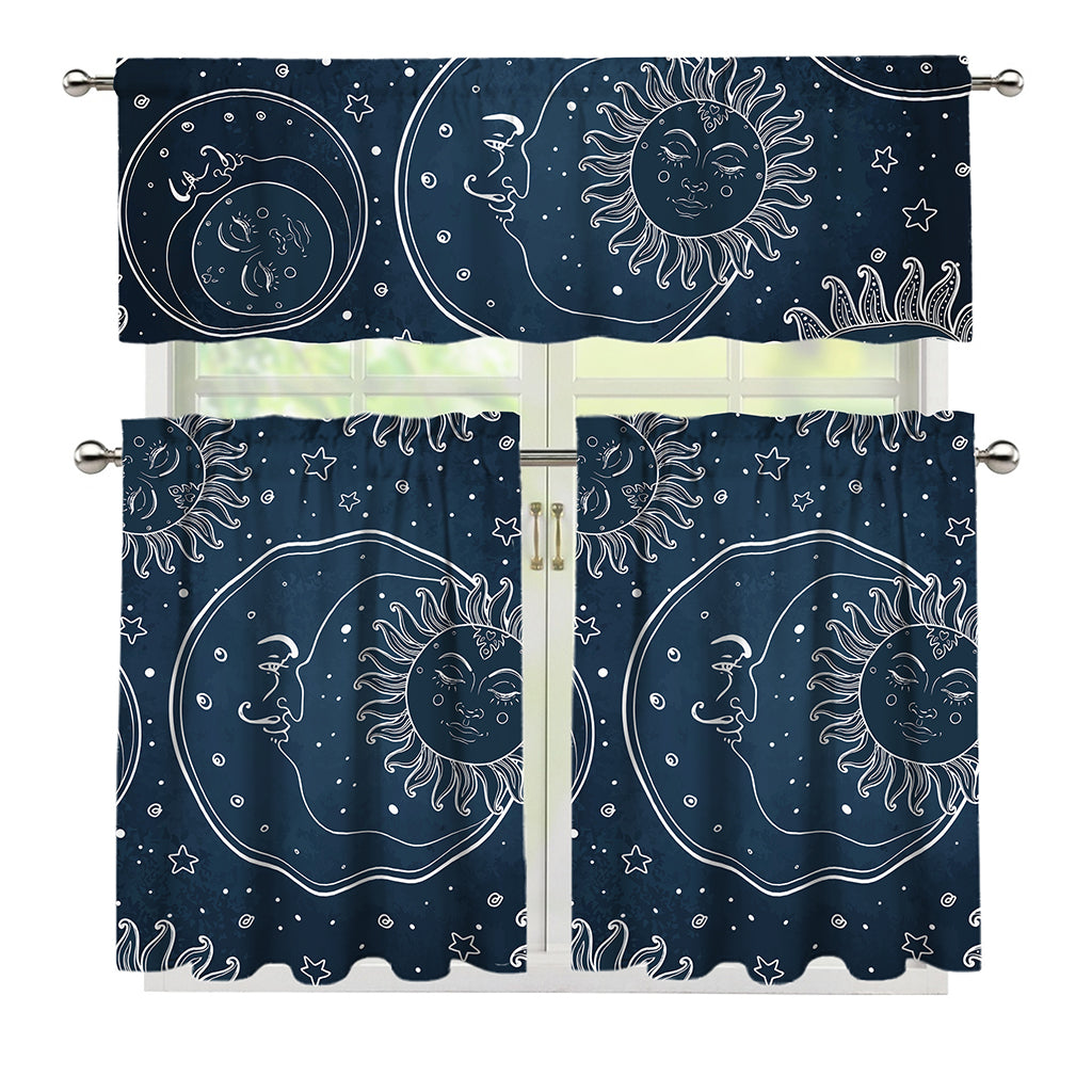 Vintage Sun And Moon Pattern Print 3 Piece Kitchen Curtains