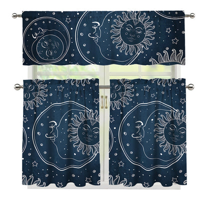 Vintage Sun And Moon Pattern Print 3 Piece Kitchen Curtains
