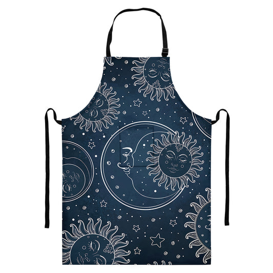 Vintage Sun And Moon Pattern Print Bib Apron With Pocket