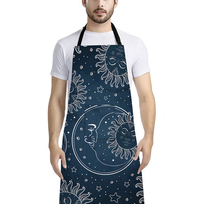 Vintage Sun And Moon Pattern Print Bib Apron With Pocket
