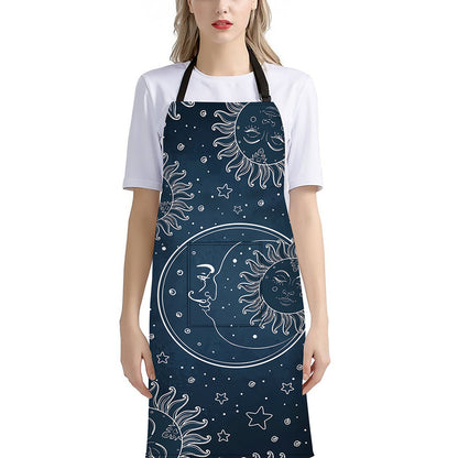 Vintage Sun And Moon Pattern Print Bib Apron With Pocket