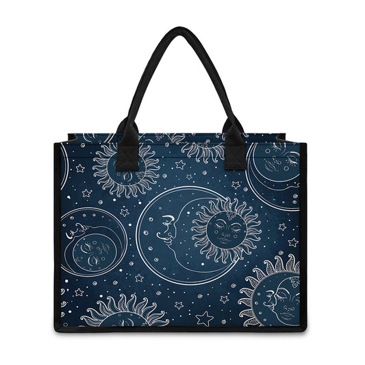 Vintage Sun And Moon Pattern Print Canvas Tote Bag