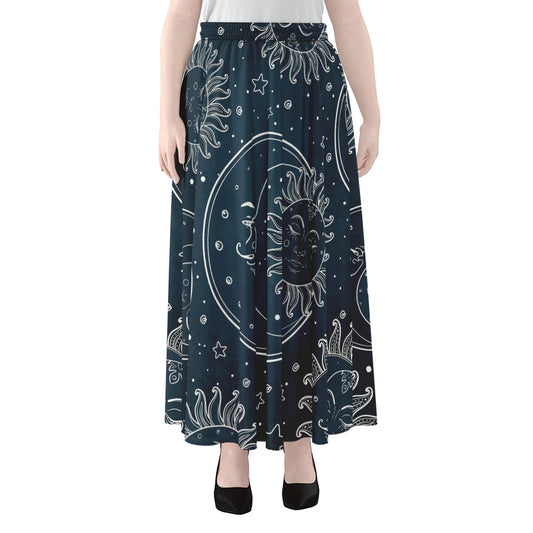 Vintage Sun And Moon Pattern Print Chiffon Maxi Skirt