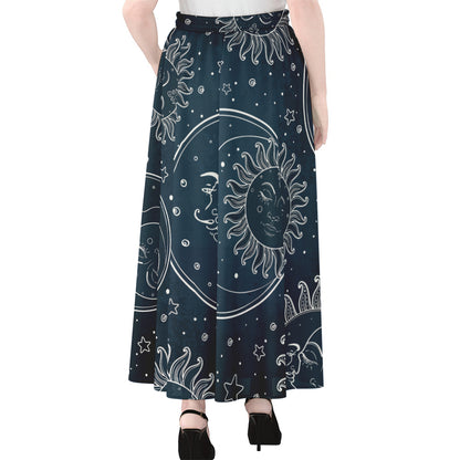 Vintage Sun And Moon Pattern Print Chiffon Maxi Skirt