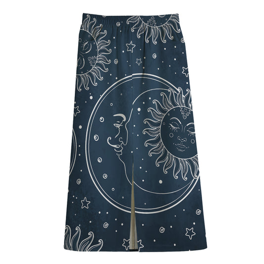 Vintage Sun And Moon Pattern Print Cotton Front Slit Maxi Skirt