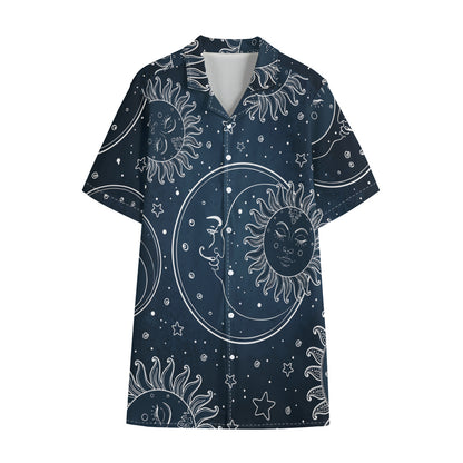 Vintage Sun And Moon Pattern Print Cotton Hawaiian Shirt