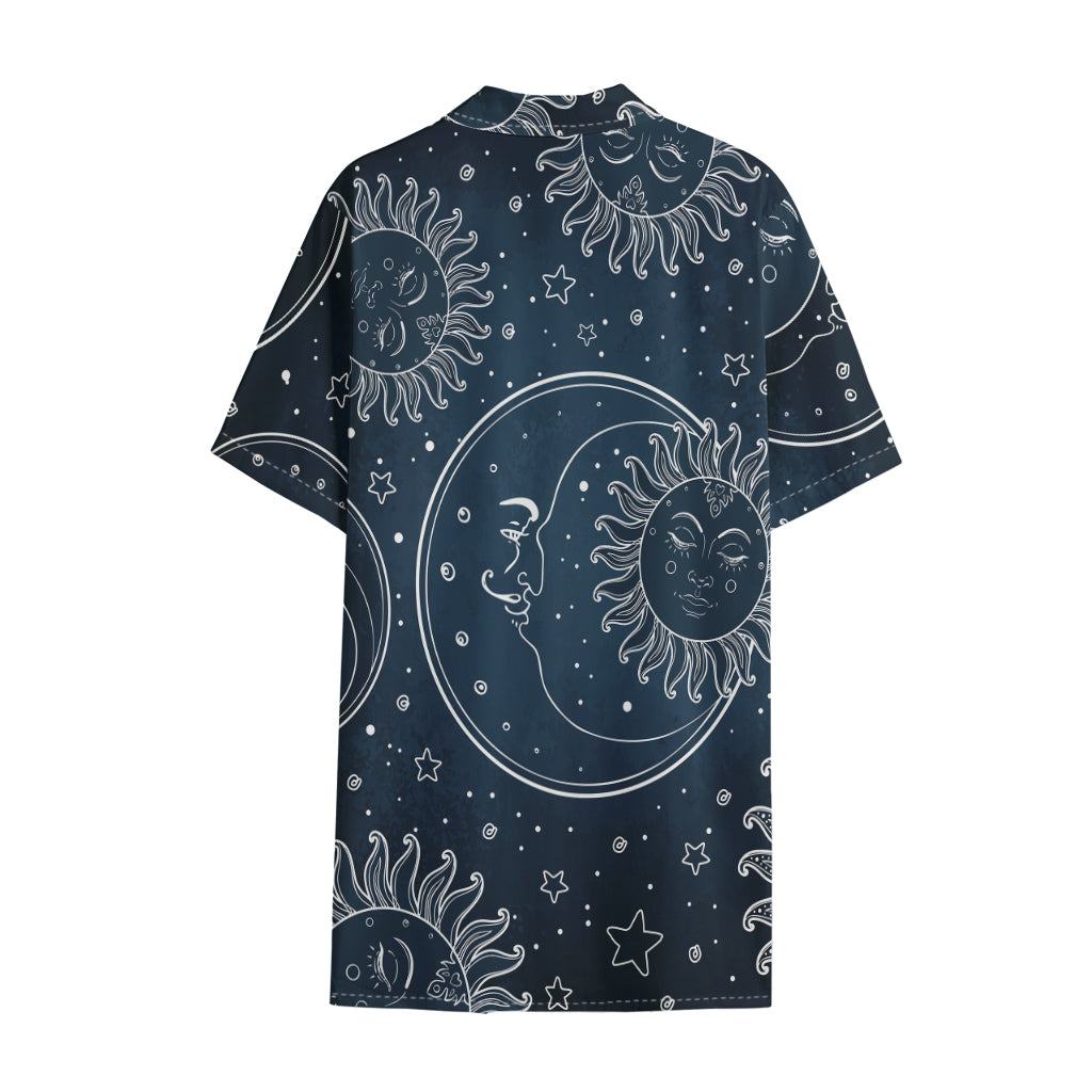 Vintage Sun And Moon Pattern Print Cotton Hawaiian Shirt
