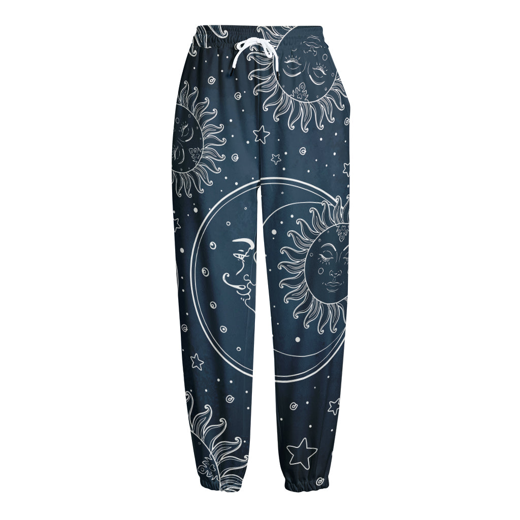 Vintage Sun And Moon Pattern Print Fleece Lined Knit Pants
