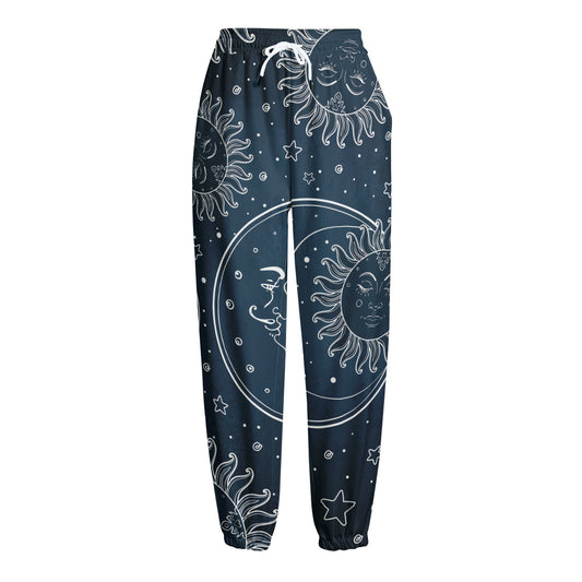 Vintage Sun And Moon Pattern Print Fleece Lined Knit Pants