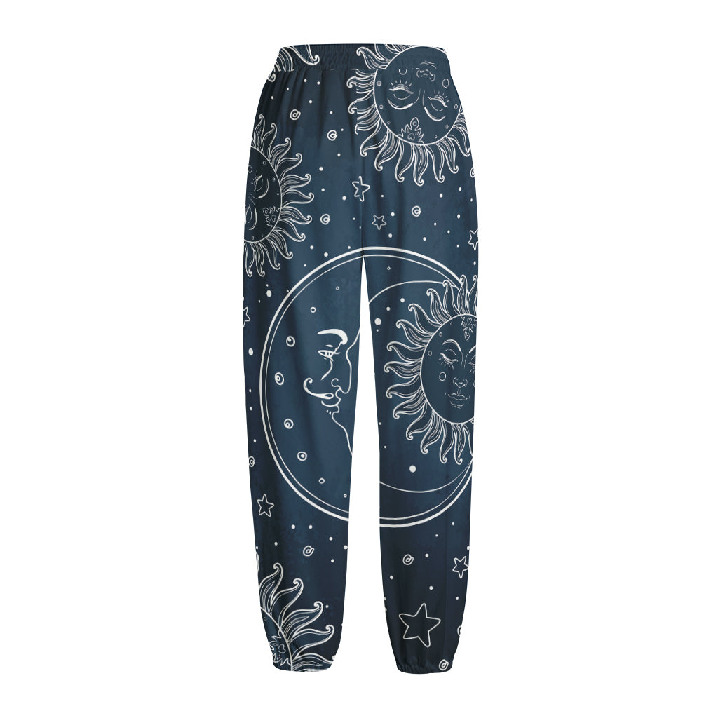 Vintage Sun And Moon Pattern Print Fleece Lined Knit Pants