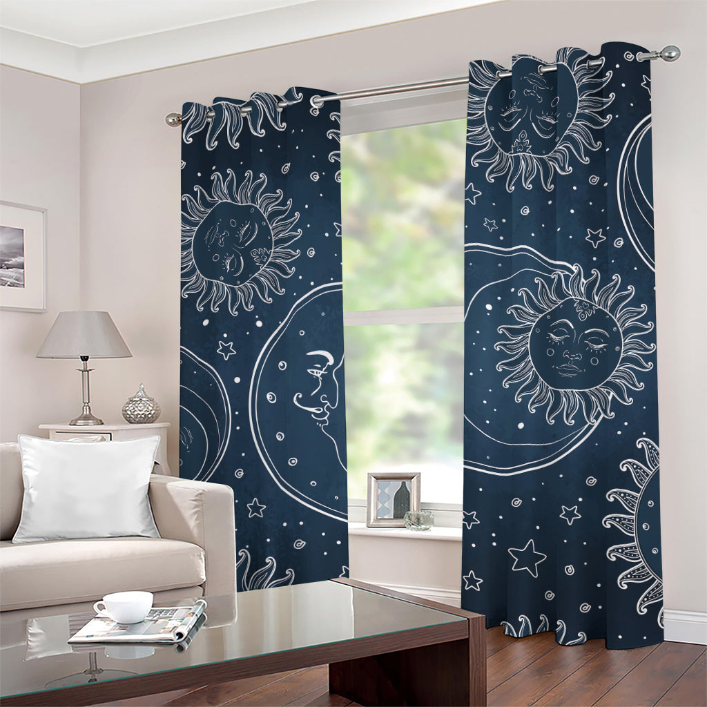 Vintage Sun And Moon Pattern Print Grommet Curtains