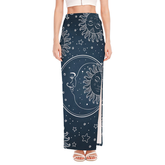 Vintage Sun And Moon Pattern Print High Slit Maxi Skirt