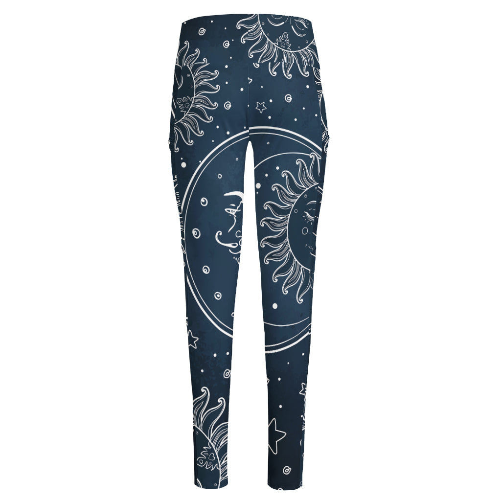 Vintage Sun And Moon Pattern Print High-Waisted Pocket Leggings